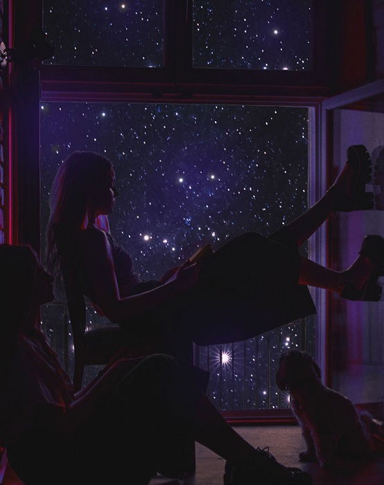 Composite image of a girl and dog sitting by a window in the night sky