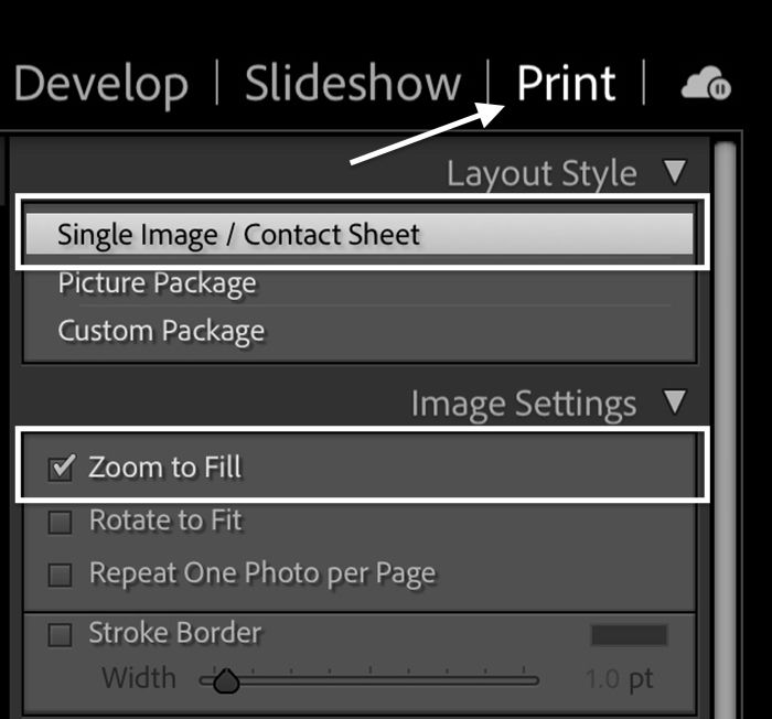 Lightroom screenshot print module layout style