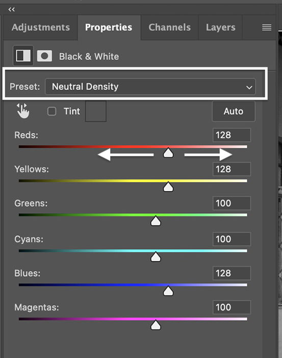 Photoshop screenshot of properties panel for black and white adjustment layer