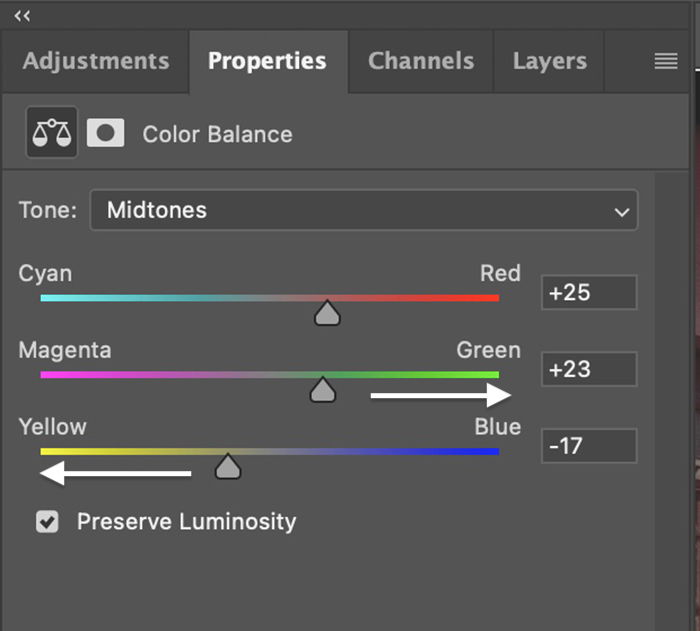 Photoshop screenshot of Color Balance tints