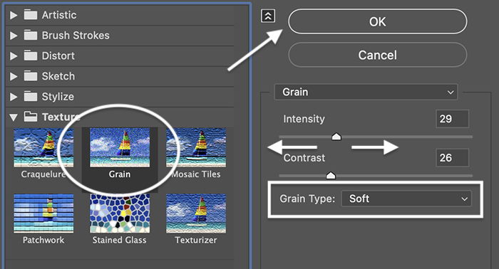 Photoshop screenshot of filter gallery grain