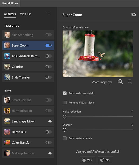 Photoshop screenshot selecting the Superzoom neural filter