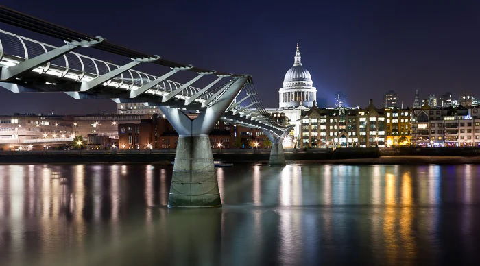 Nighttime cityscape looking across a river with a bridge