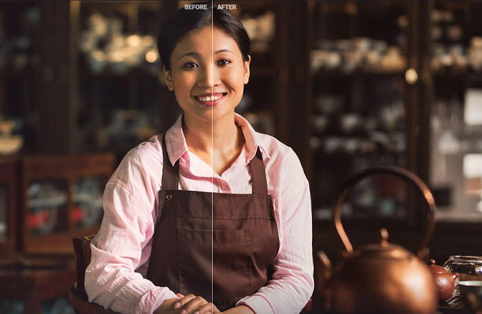 Before and after portrait of woman in a tea shop using a luminar preset