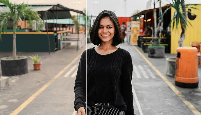 Before/after image of woman in a food festival