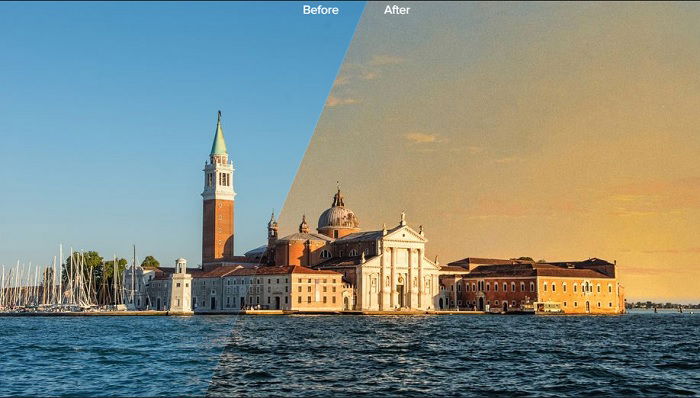 Before and after image of a seaside church