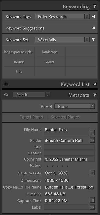 Lightroom Classic screenshot keyboarding and metadata panels