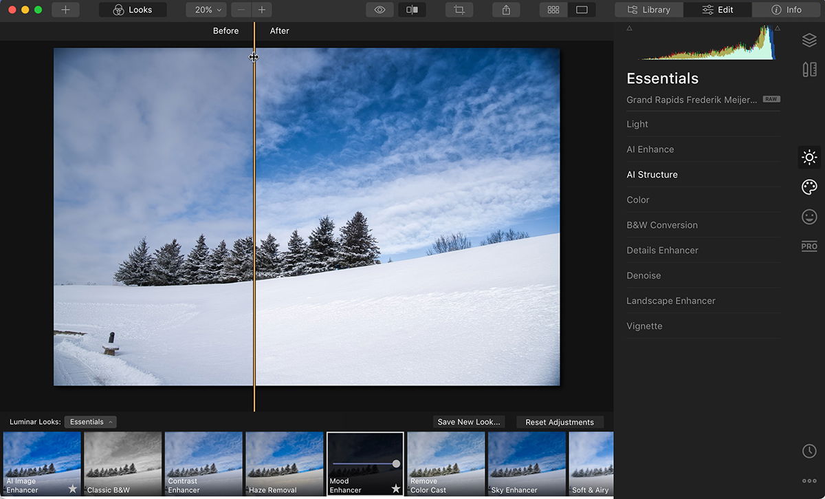 Luminar 4 screenshot of the Edit workspace