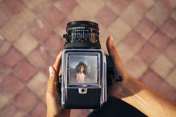 Overhead view of medium format film camera viewfinder