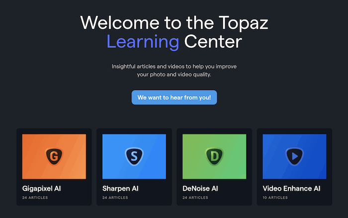 Screenshot of Topaz Learning Center website with Topaz Denoise AI articles