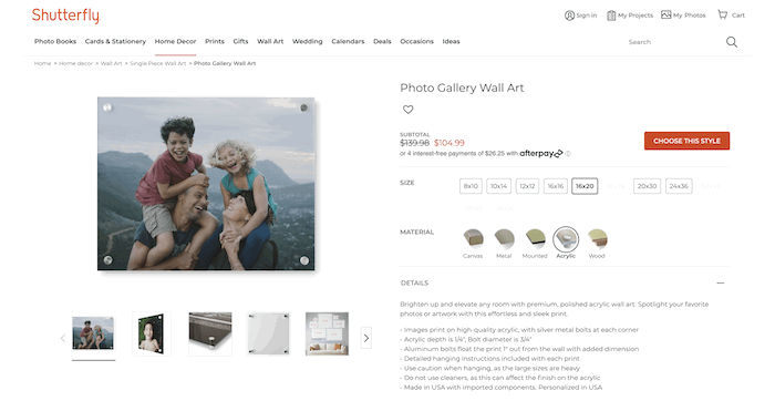 shutterfly Acrylic photo print service homepage