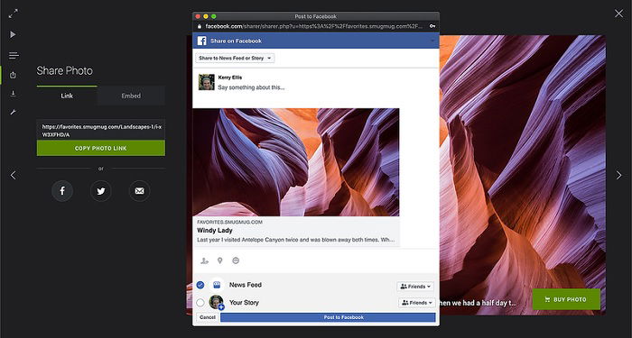 Screenshot of share to facebook screen in Smugmug