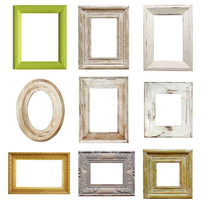 A collection of empty picture frames in a 3 by 3 grid