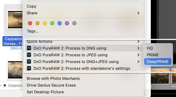 Screenshot Mac finder access to DxO PureRAW 2