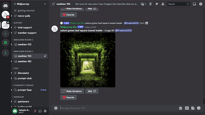 Screenshot of Midjourney app interface on Discord