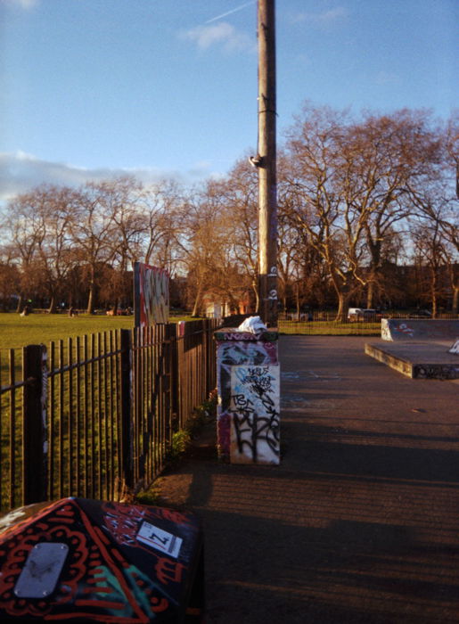 An image of a skatepark during sunset