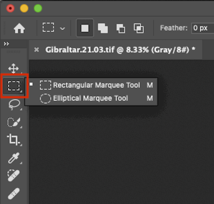 A digital design software interface with a dropdown menu highlighted, and the selected item is Rectangular Marquee Tool. 