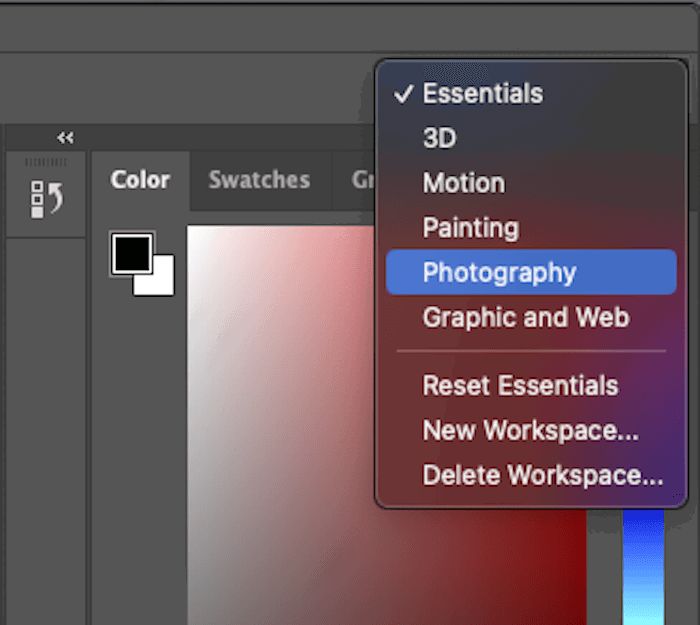 Adobe Photoshop program featuring a color wheel, sliders, and a pop-up menu labeled Essentails.