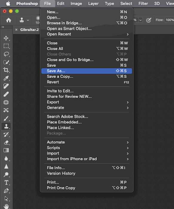 The file menu in Photoshop.