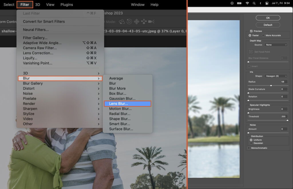 Blur menu in Photoshop.