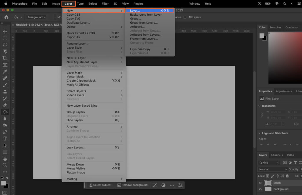 The interface and options for creating a layer.