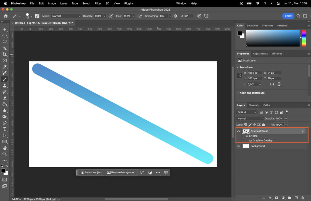 A graphic design software interface with the vector tool selected, showcasing a blue line on a white background. 