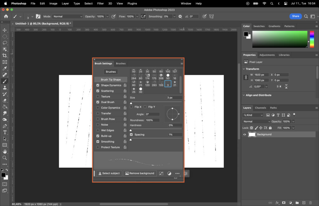 A graphic design software application open, displaying a toolbox menu on the right side and a document with layers in the center. 