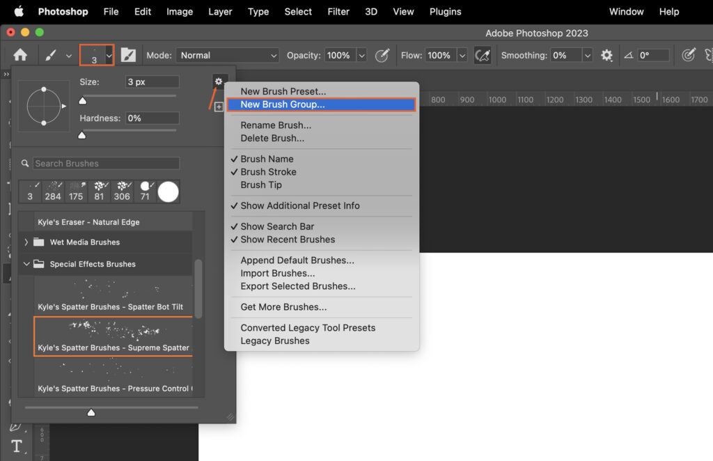 The brush menu in Photoshop.