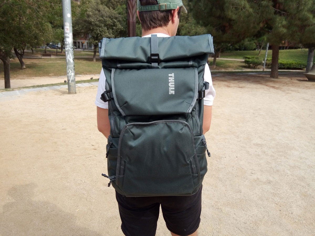 Backpack being worn on shoulders