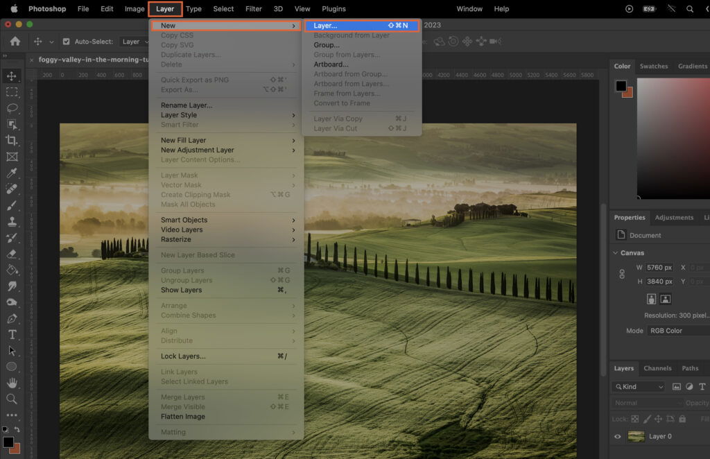 A landscape scene that has been edited in various ways, with numerous editing panels visible and a dropdown menu indicating different effects are being applied. 