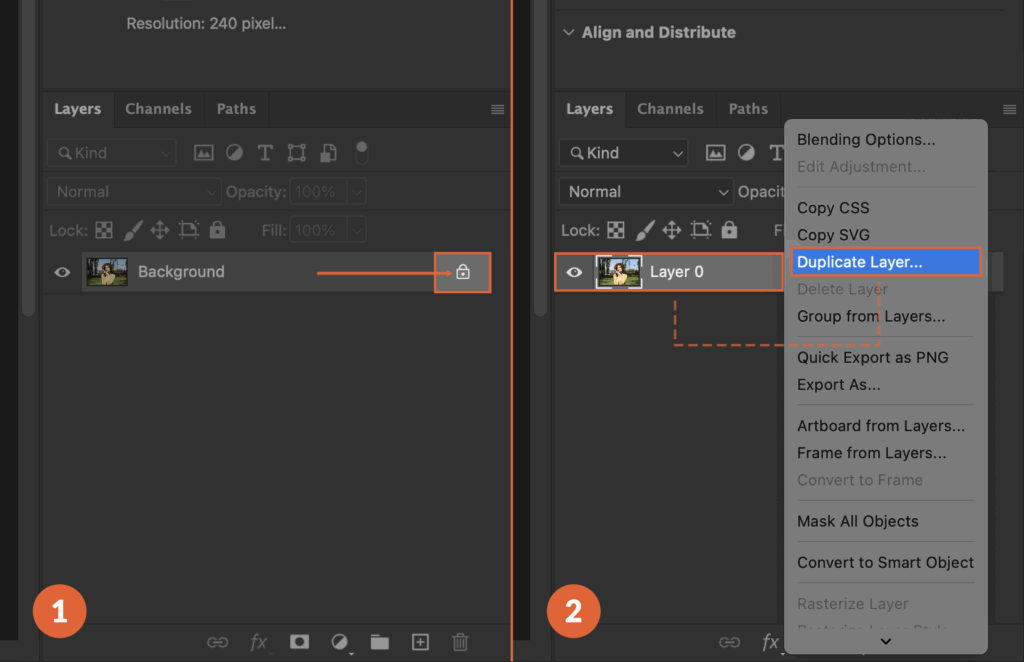 A step-by-step tutorial on how to add layers in Adobe Photoshop, presented through a series of two snapshots. 