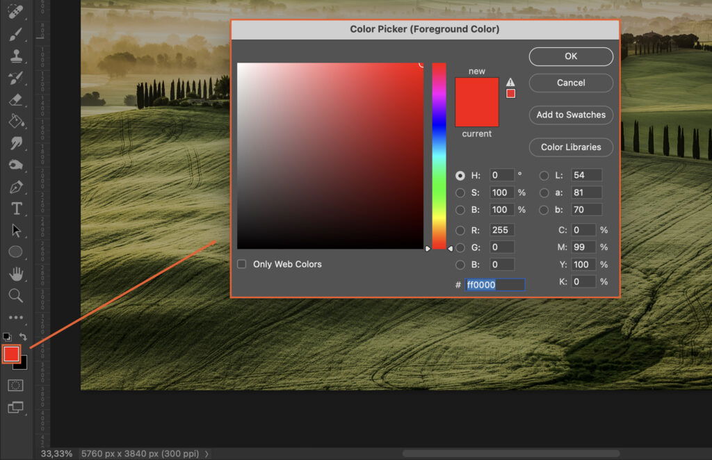 A color palette, with the palettes colors appearing on an image of a landscape in the background. 