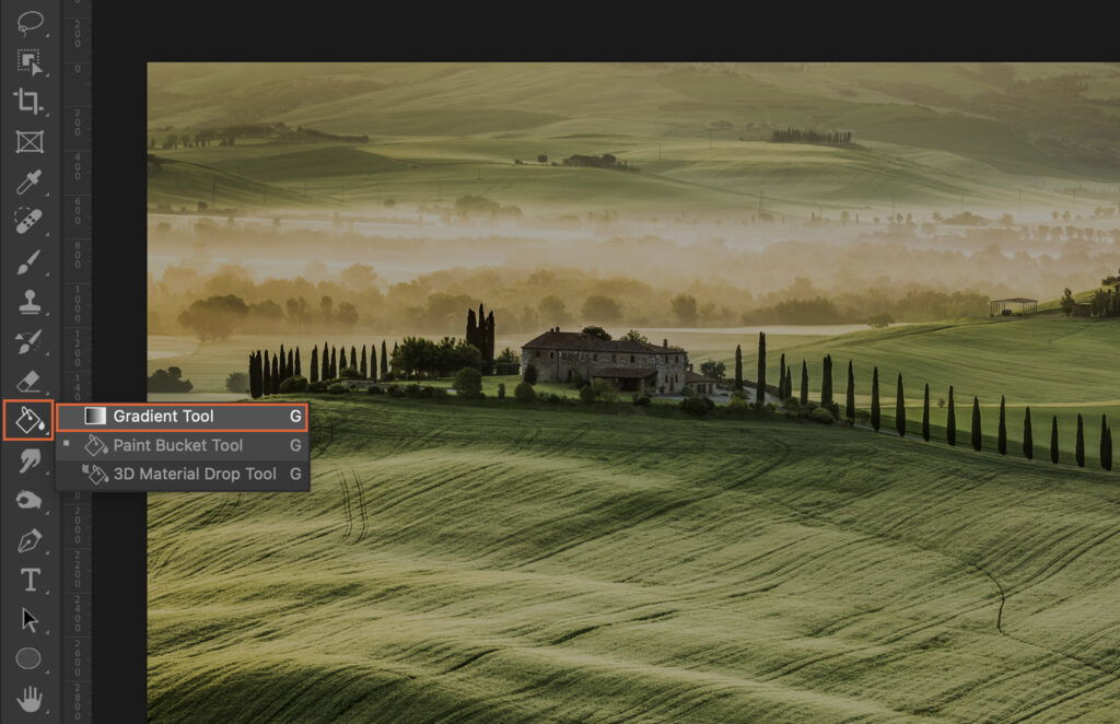 A scenic rural landscape with a prominent foreground house, a misty river, and a green field.