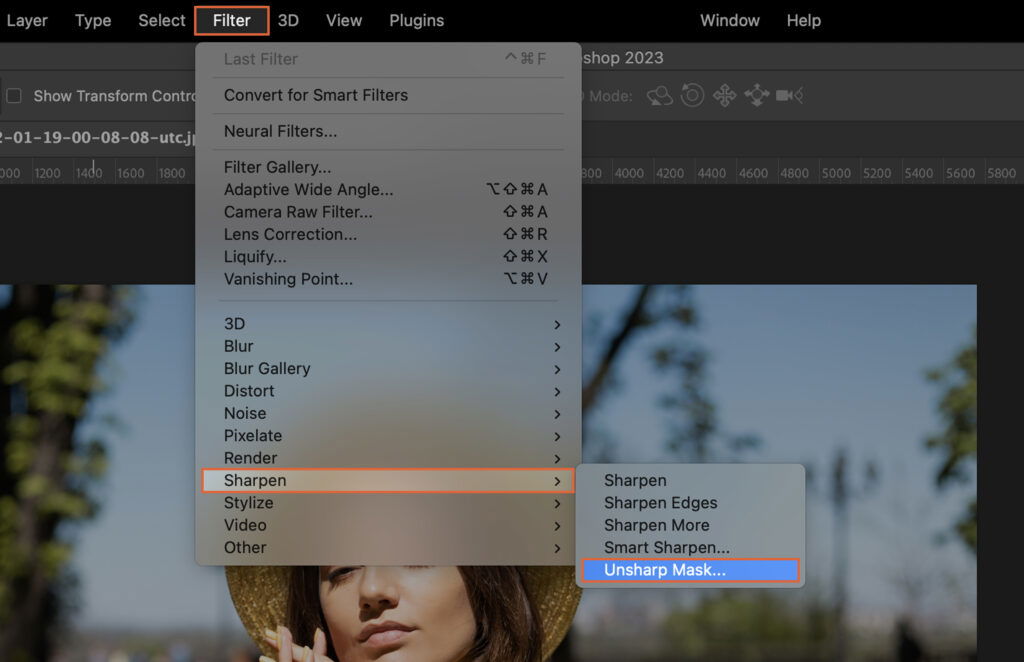 Sharpen menu in Photoshop.