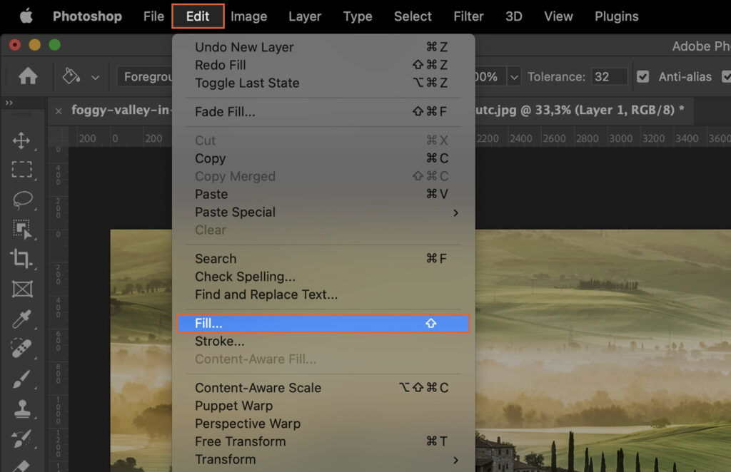 A digital photo editing software interface, with the settings menu visible and a selection made in it. 