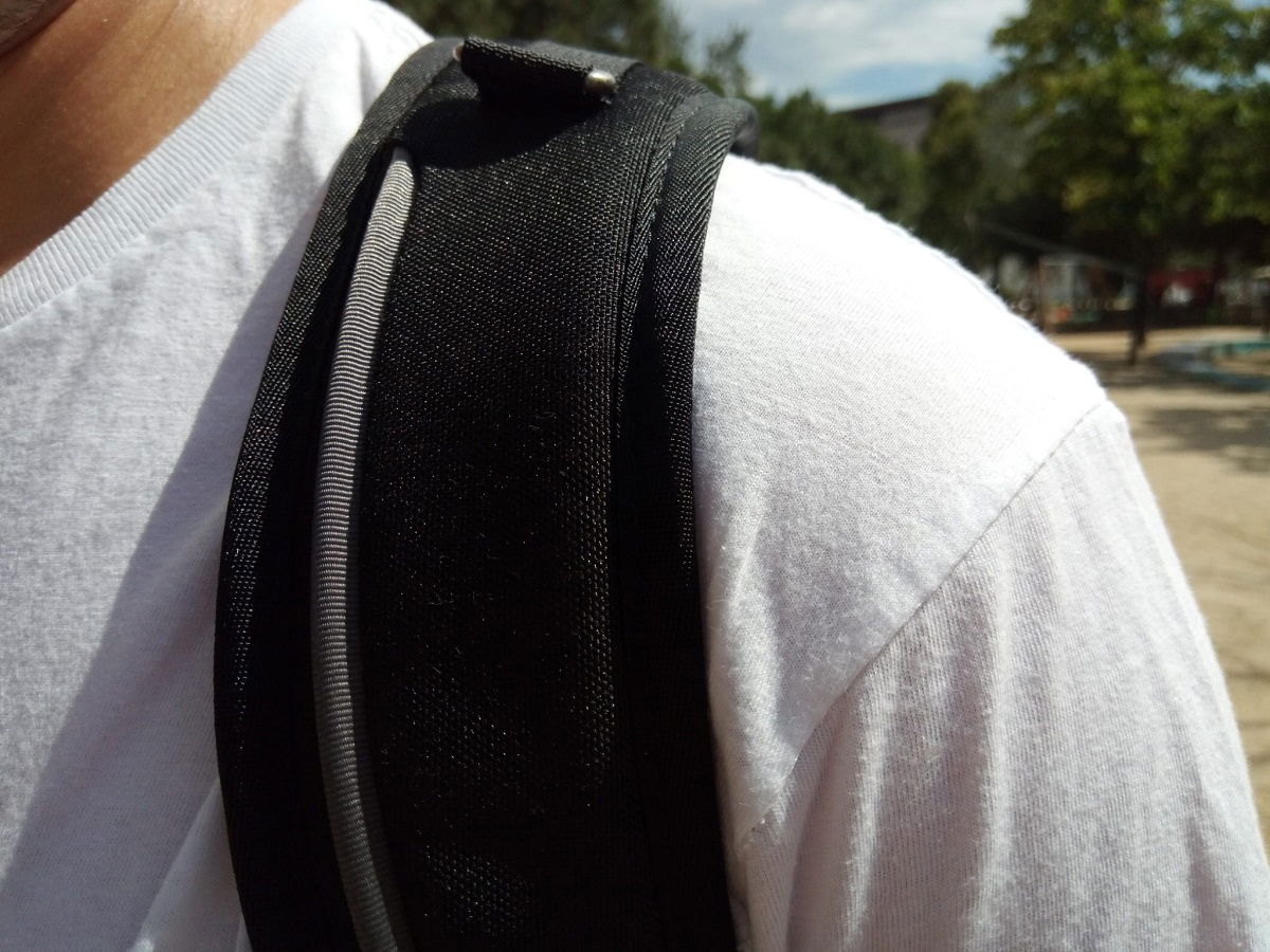 Close up of shoulder strap on shoulder