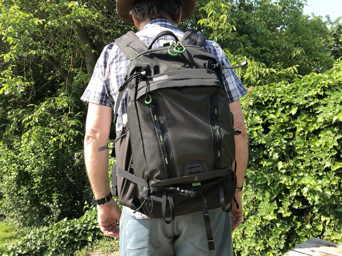 Picture of the Think Tank MindShift Backlight 18L backpack being worn