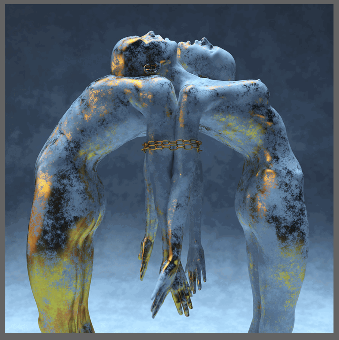 Abstract sculptural portrait of two figures falling back against each other