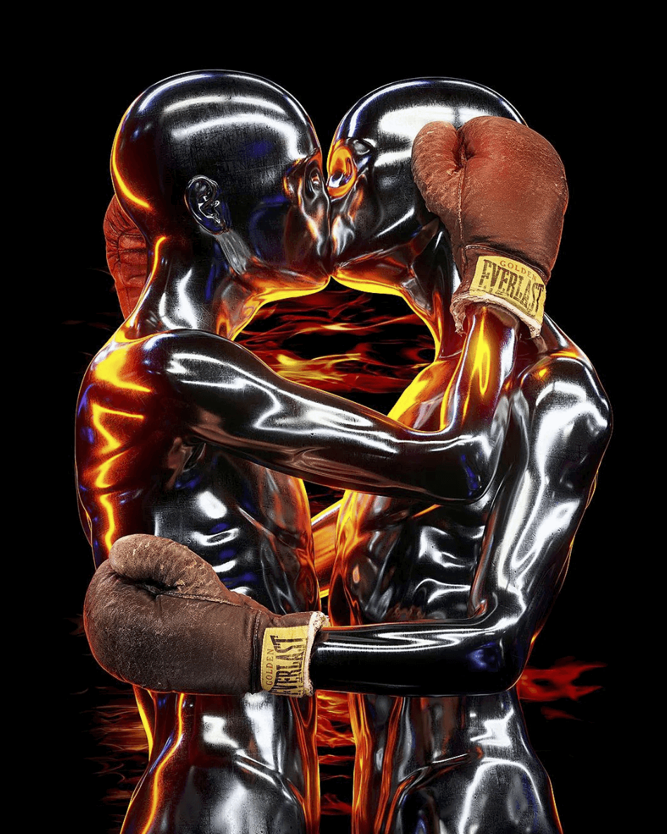 Two abstract, chrome figures in boxing gloves kissing