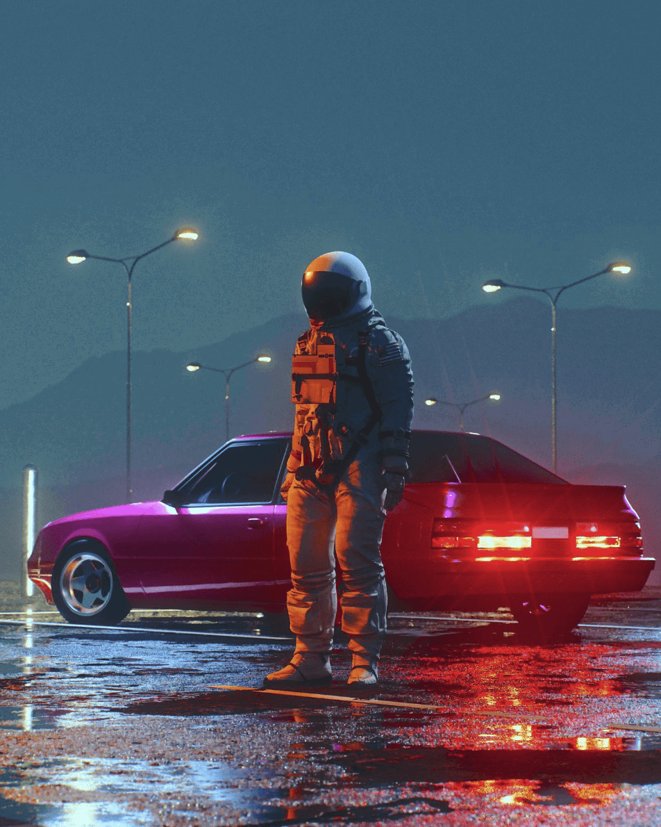 An astronaut standing in front of a car in a parking lot at night