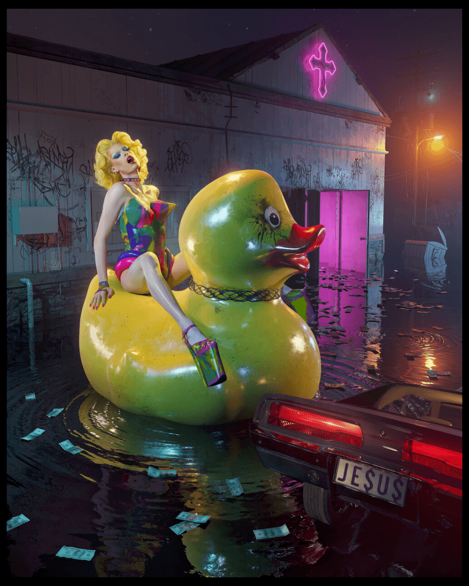 A woman sitting on the back of a giant rubber ducky