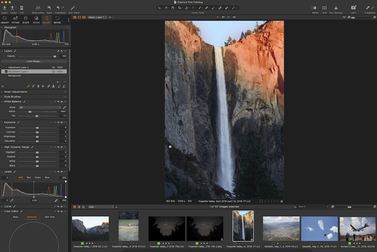 Screenshot of Capture One interface with brushes in use on an image of a waterfall