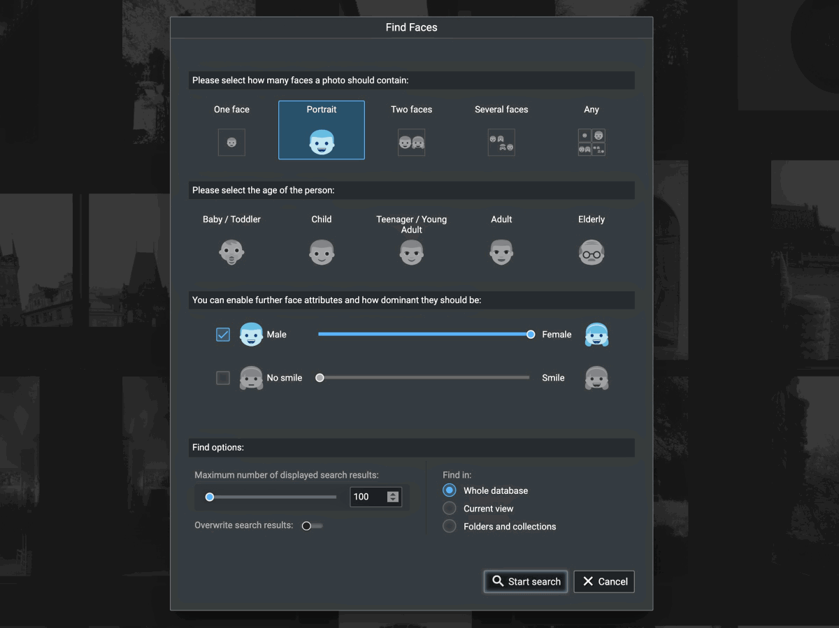 Screenshot of the find faces dialog in Excire Foto Review 2024