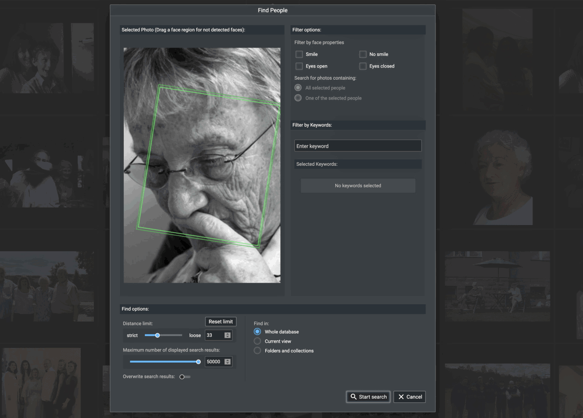 Screenshot of the find people dialog in Excire Foto Review 2024