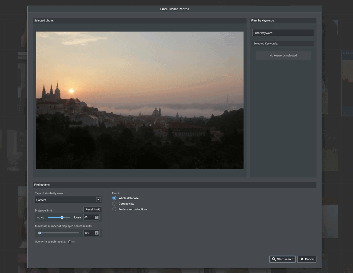Screenshot of the find similar dialog in Excire Foto Review 2024