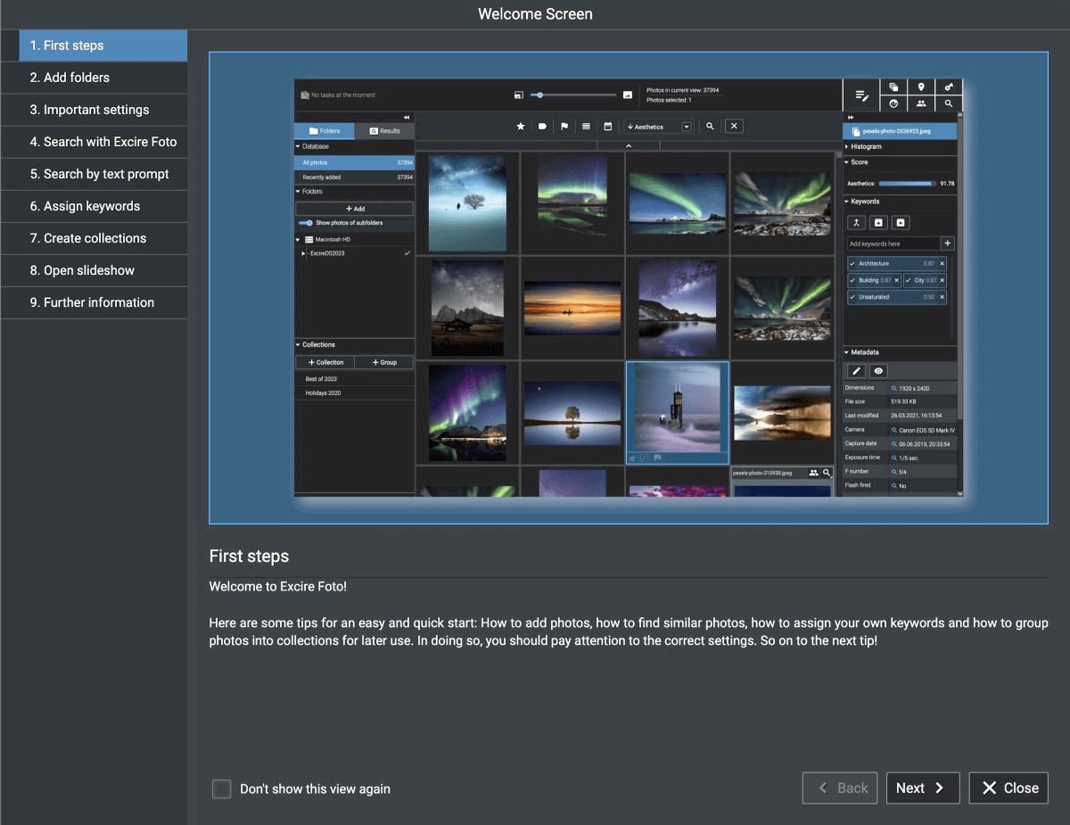 A computer interface with a dark blue theme, displaying a collection of photos in various galleries and an interface for adding new items. 