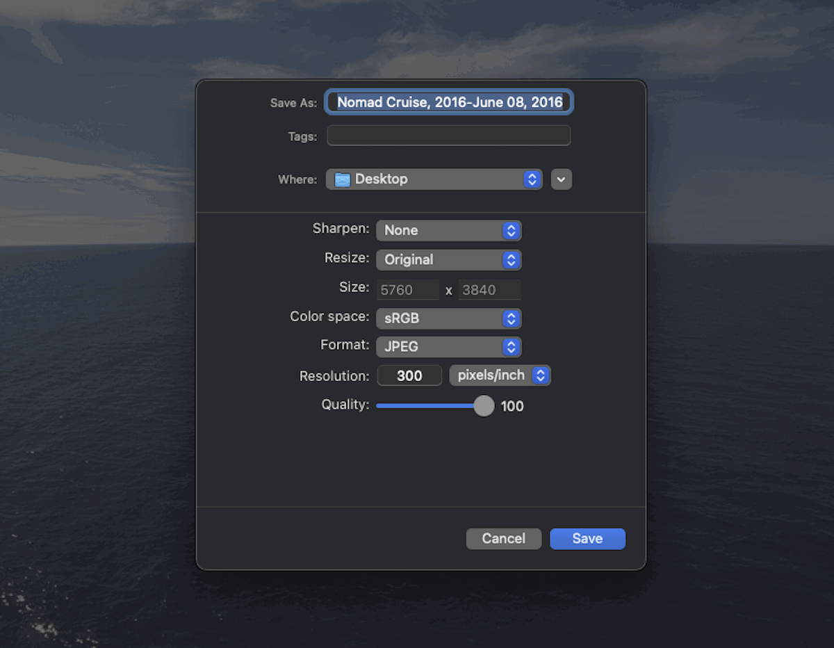 Screenshot of Luminar Neo software export interface pop-up