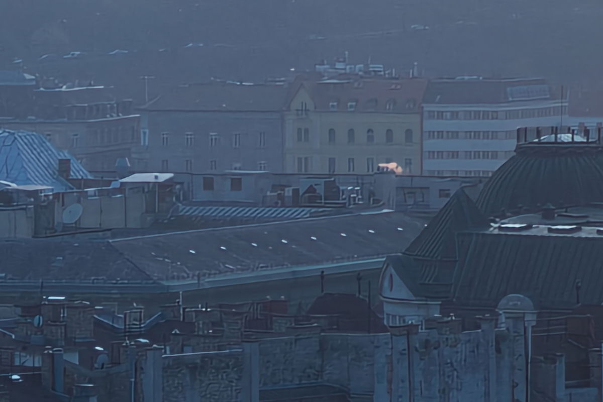 Sharpened zoomed-in image of city buildings