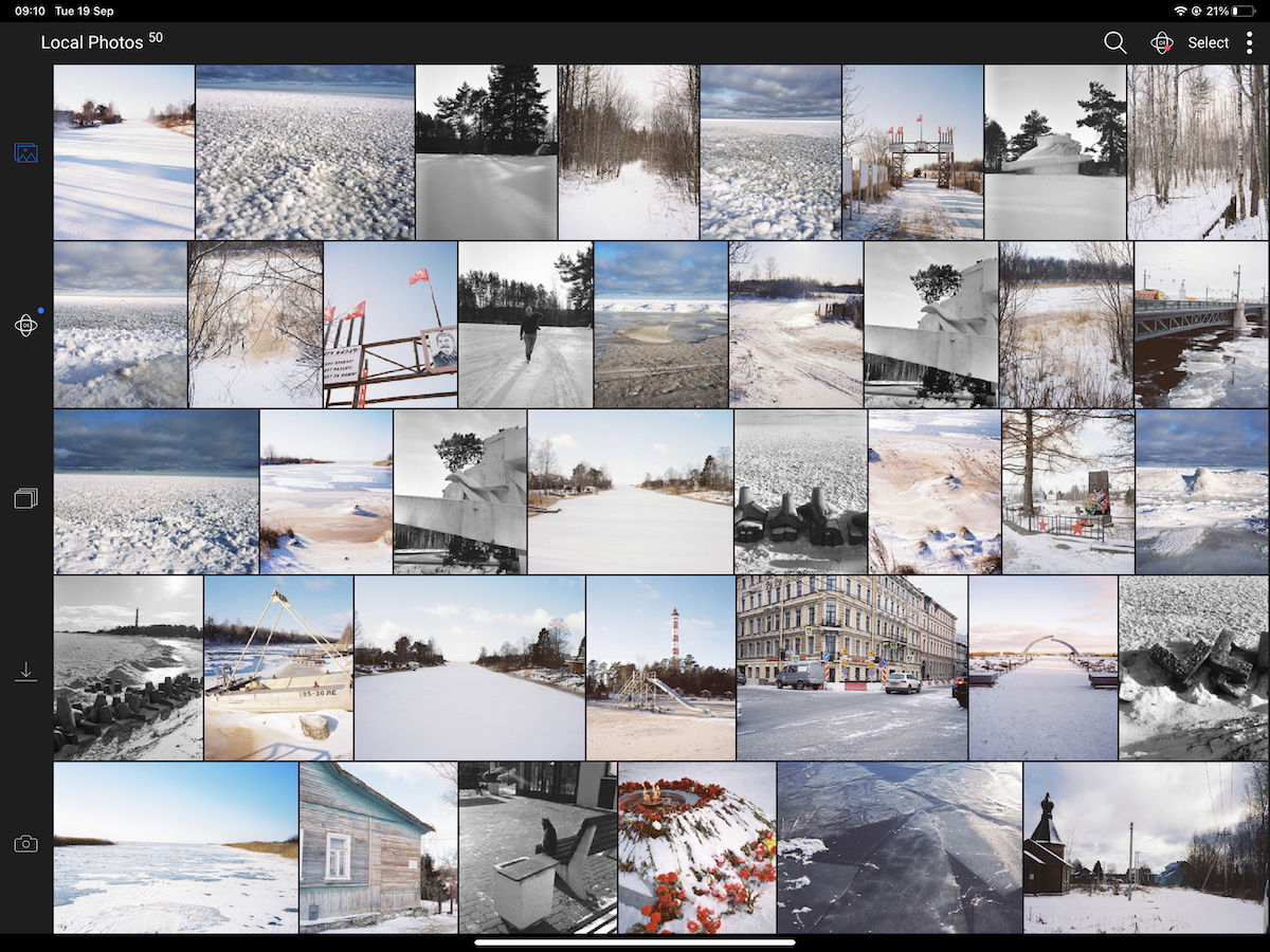 A collage of winter photography featuring icy roads, snow-covered landscapes and a person on skis. 