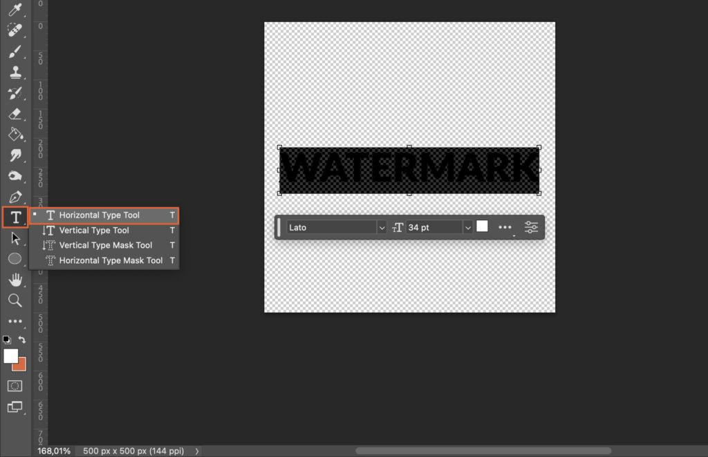 Horizontal type tool in Photoshop.